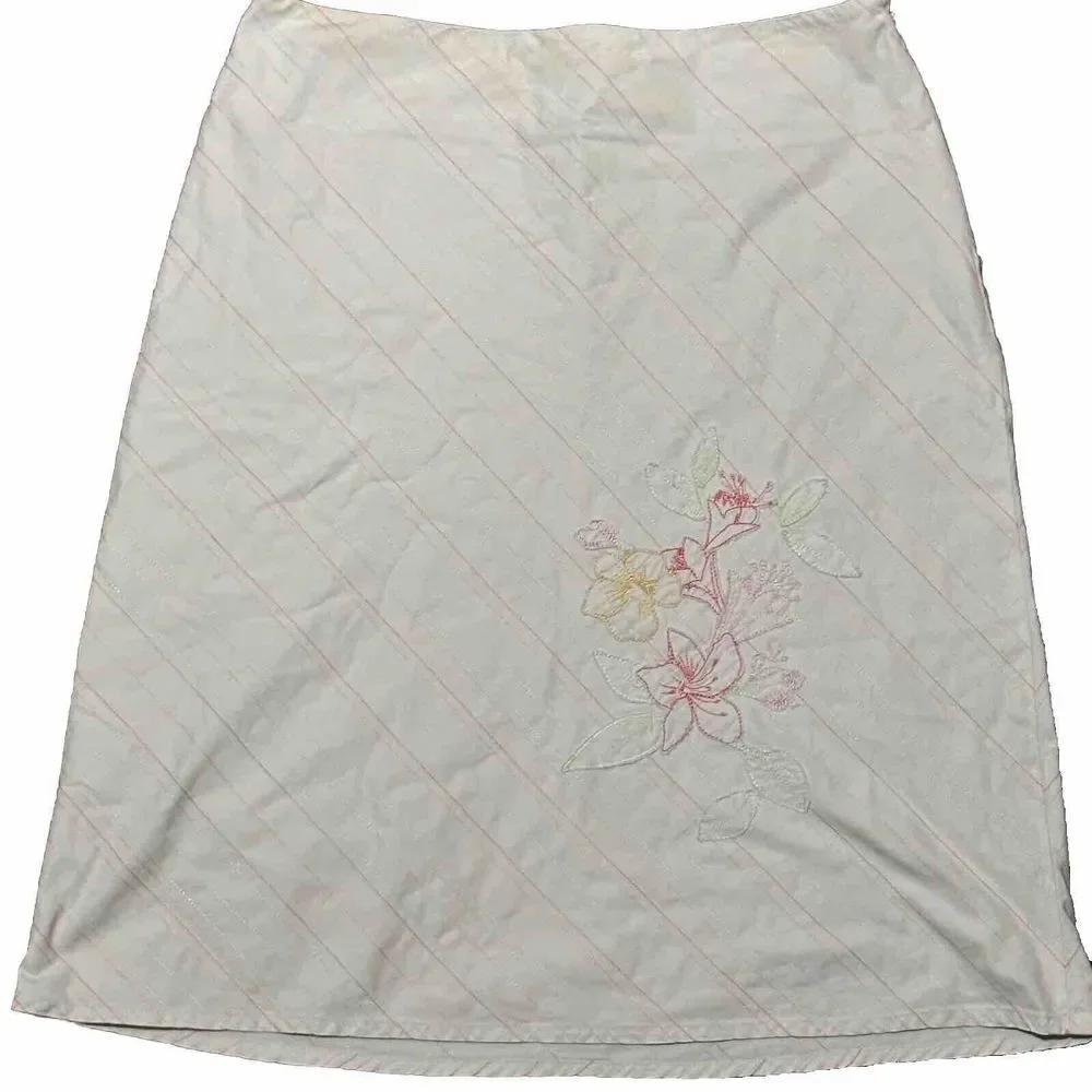 Janeville Ivory Skirt Pink Green Yellow Embroidered Stripe Stitching Flowers Sz2